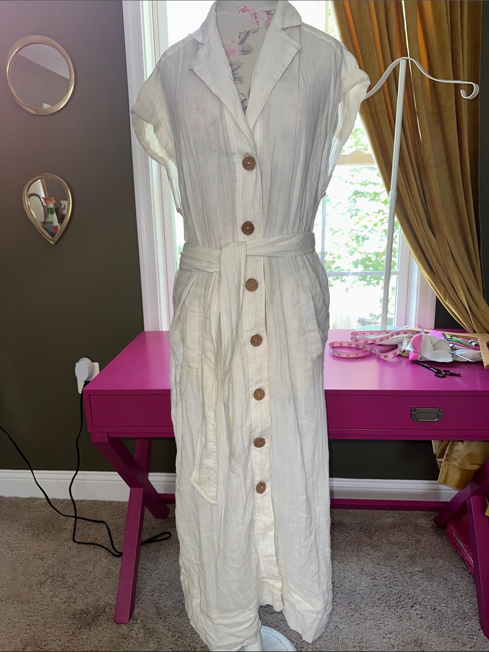 Free People Cream Button-Front Midi Shirt Dress with Tie Belt